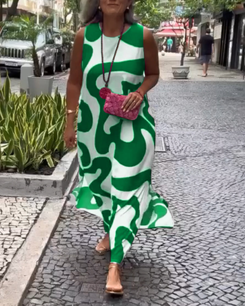 Christine | Maxi Summer Dress with Abstract Print and Round Neck