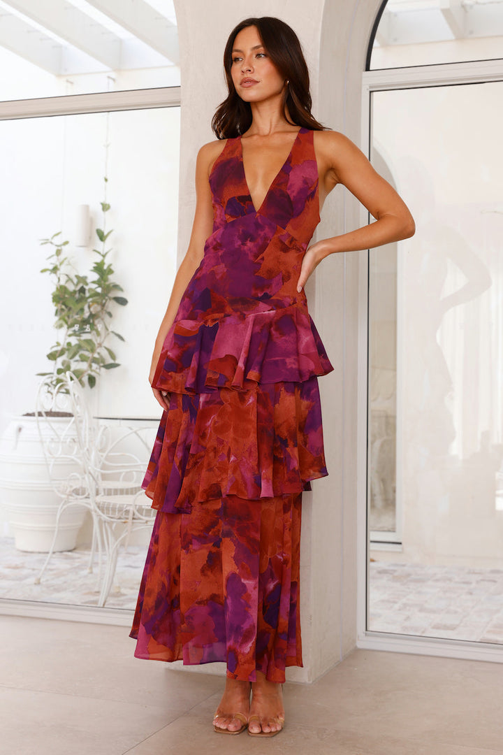 Maria | Maxi Wedding Guest Dress with Floral Print and Tiered Skirt