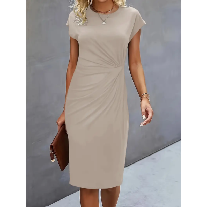 Anne | Midi Cocktail Dress with Ruched Bodice and Round Neck