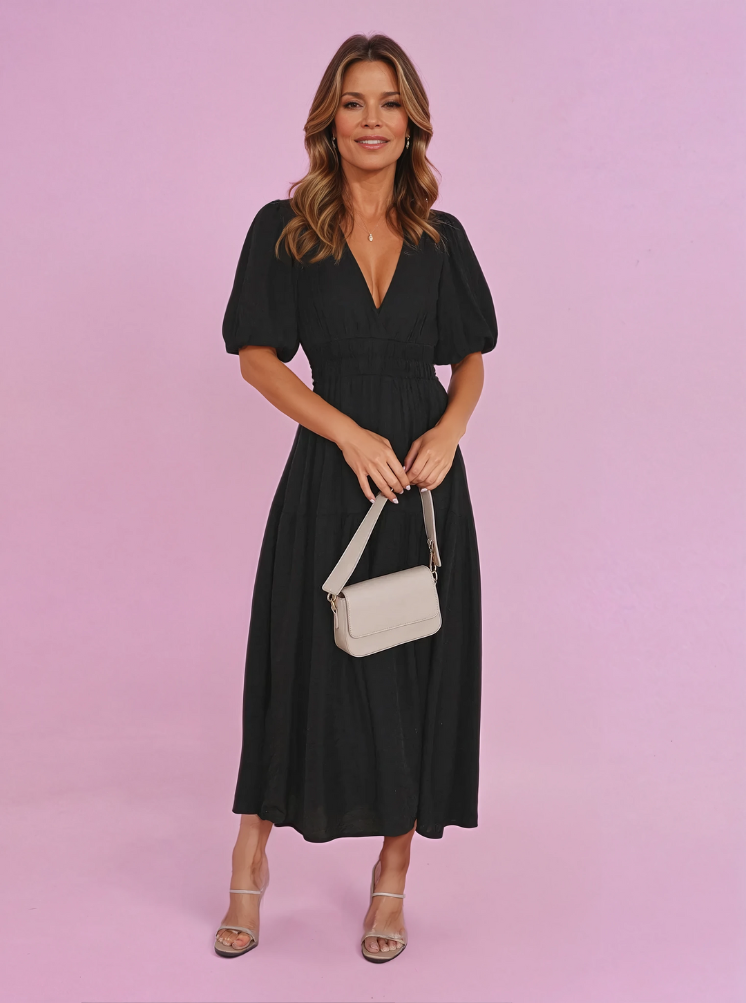 Enola | Midi Cocktail Dress with Puff Sleeves