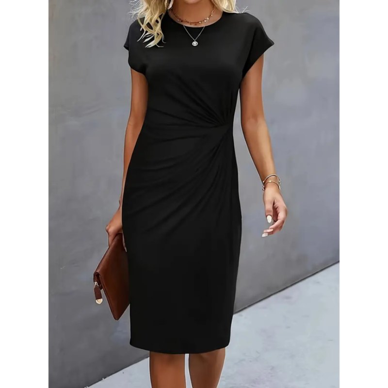 Anne | Midi Cocktail Dress with Ruched Bodice and Round Neck