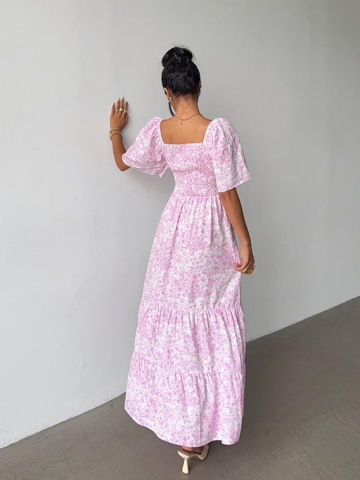 Carol | Maxi Wedding Guest Dress with Floral Print and Short Sleeves