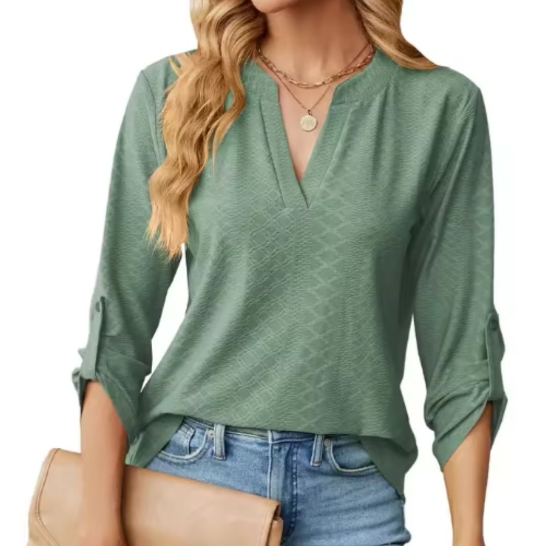 Vera | Waffle Knit Top with V-Neck and Long Sleeves