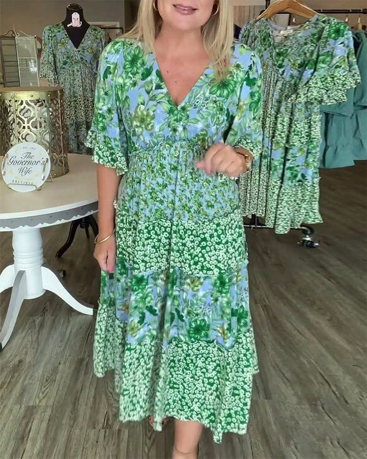 Sandra | Midi Summer Dress with Floral Print and V-Neck