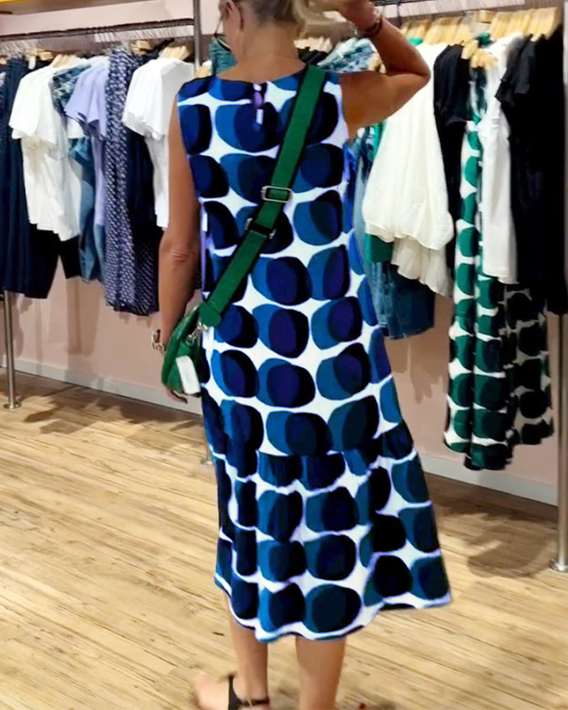 Sue | Midi Polka Dot Dress with Round Neck and Tiered Skirt