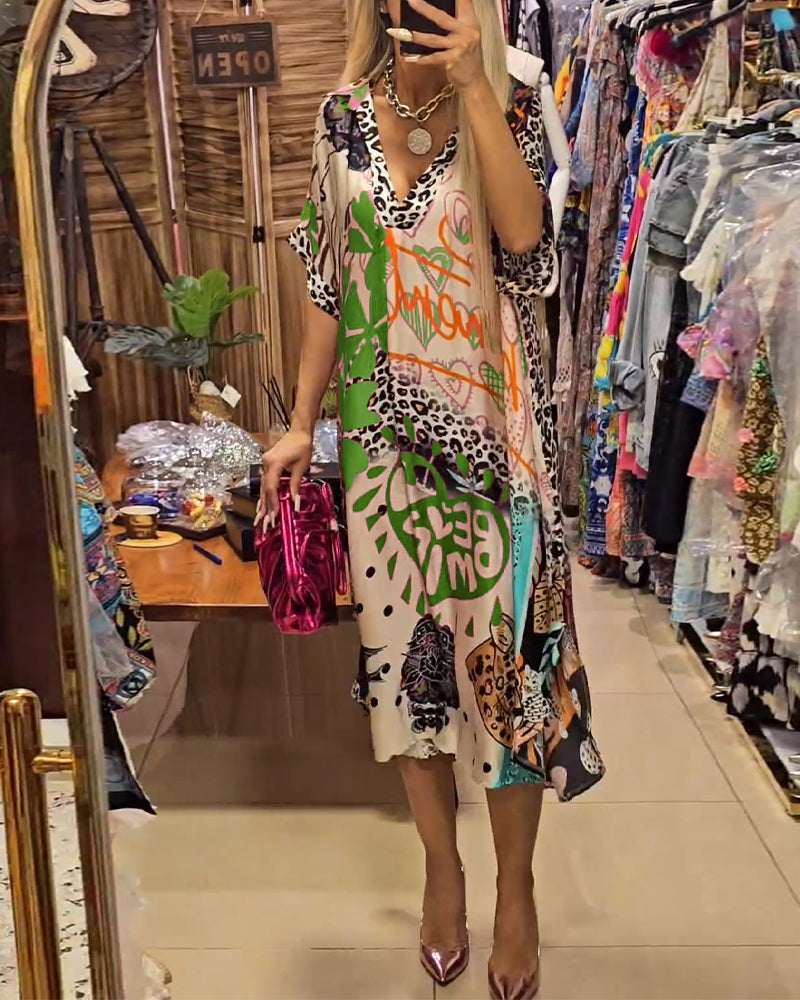 Debra | Midi Summer Dress with Boho Print and V-Neck
