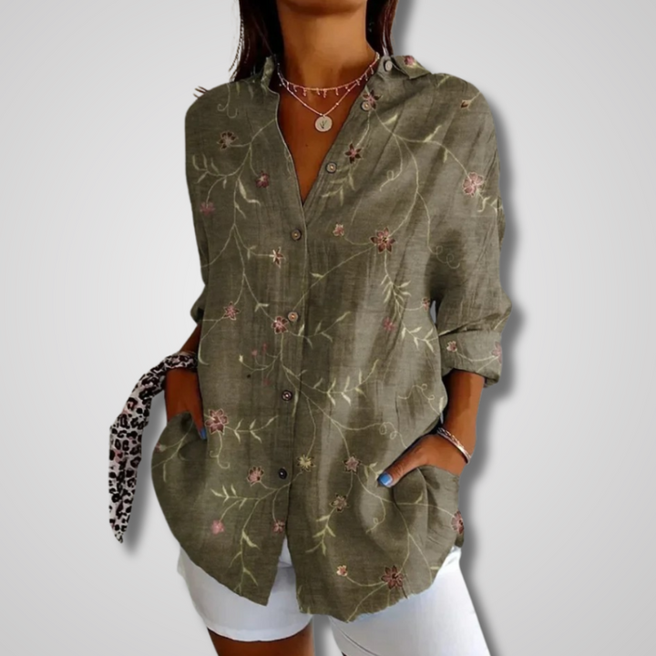 Siena | Boho Print Blouse with Shirt Collar and Button Front