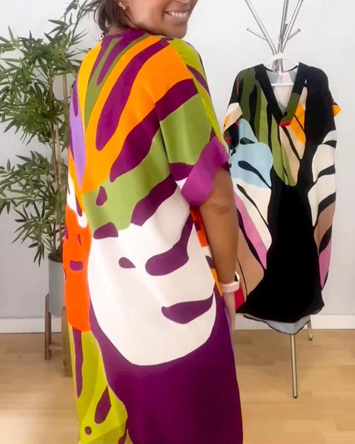 Lisa | Midi Summer Dress with Abstract Print and Batwing Sleeves