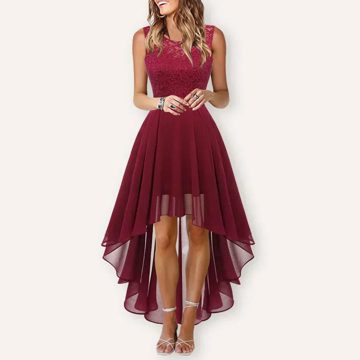 Alexis | Midi Wedding Guest Dress with High-Low Hem and Round Neck