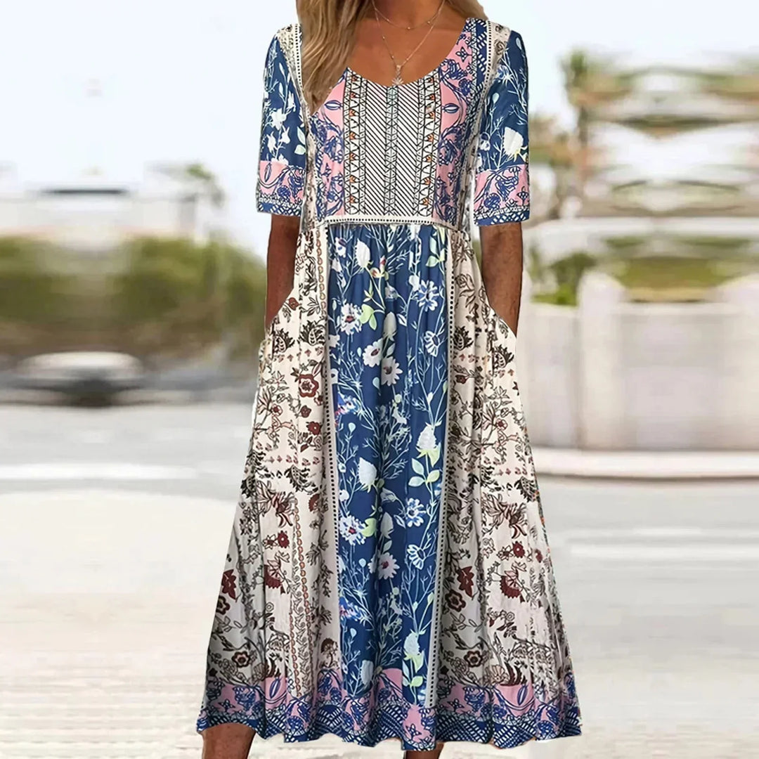 Jessica | Midi Summer Dress with Boho Print and Smocked Bodice