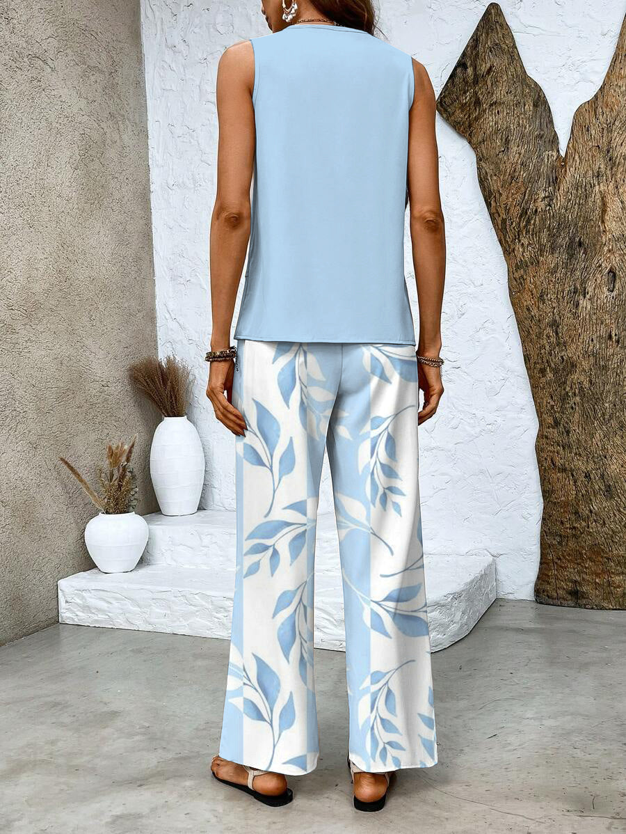 Lena | Two-Piece Wide-Leg Trousers Set with Leaf Print and Layered Top