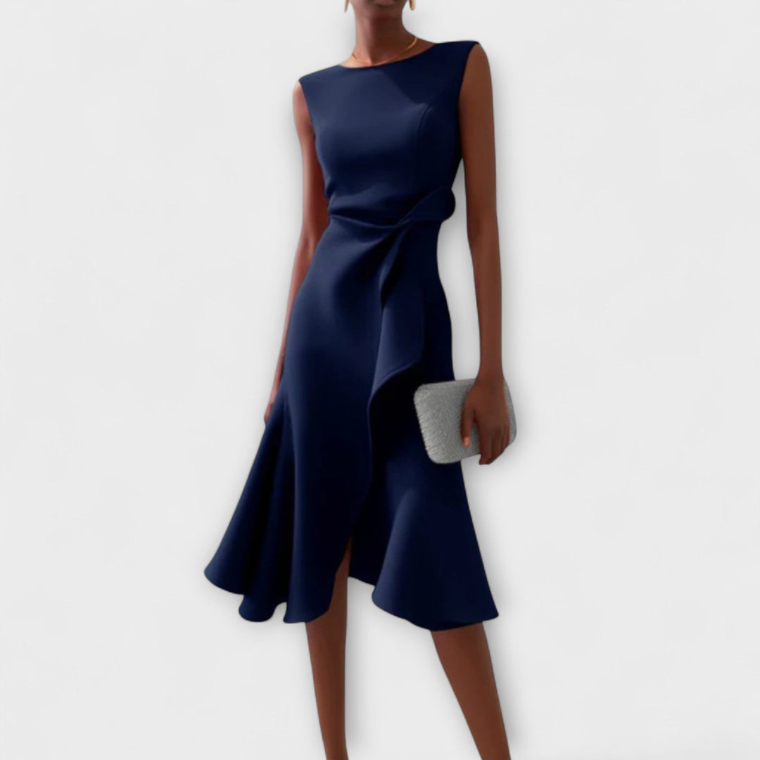 Sheila | Midi Cocktail Dress with Asymmetric Hem and Draped Bodice