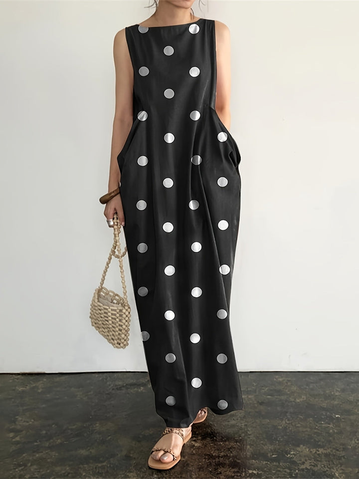 Harriet | Maxi Polka Dot Dress with Sleeveless Cut and Front Pockets