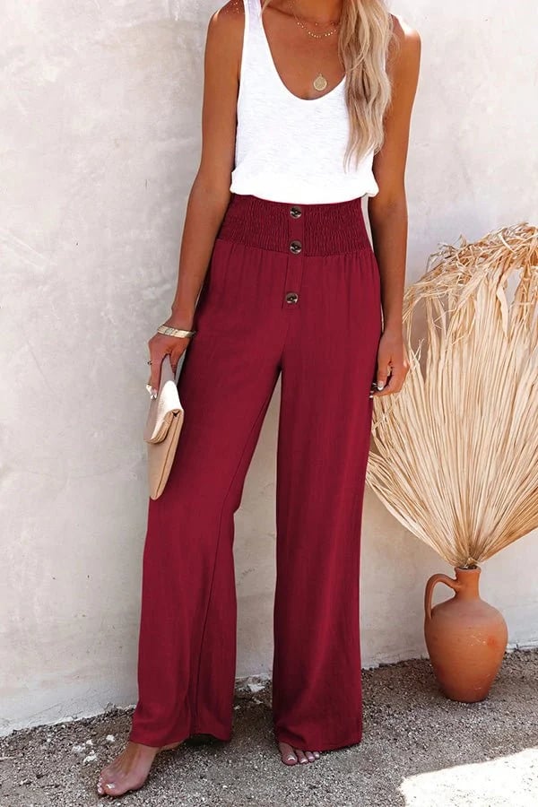 Ivy | Wide Leg Trousers with Smocked Waist and Button Detail