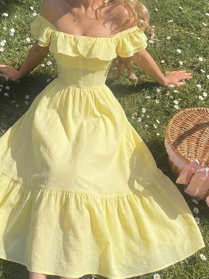 Karen | Midi Summer Dress with Square Neck and Ruffle Sleeves