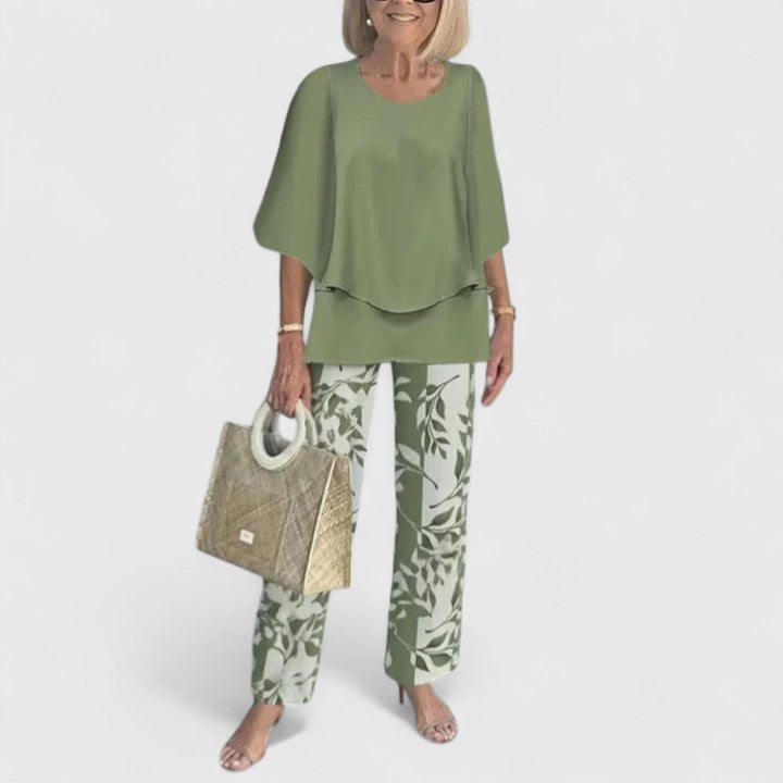 Marge | Matching Set with Floral Print Trousers and Layered Top