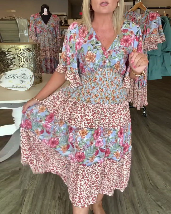 Sandra | Midi Summer Dress with Floral Print and V-Neck