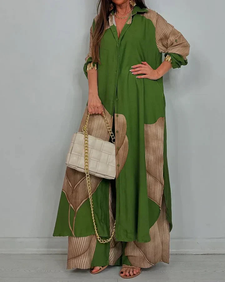 Nala | Abstract Print Two-Piece Set with Wide-Leg Trousers and Open Shirt