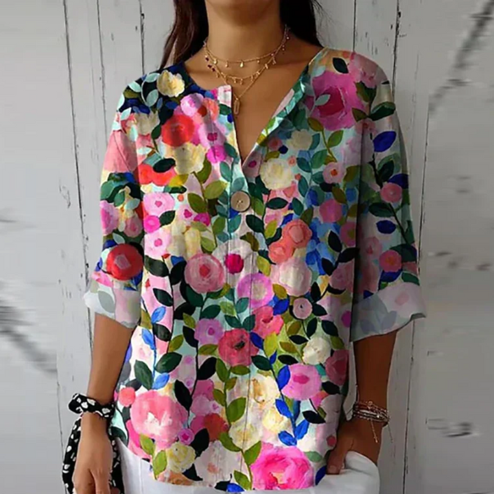 Roxy | Floral Print Blouse with V Neckline and Three Quarter Sleeves
