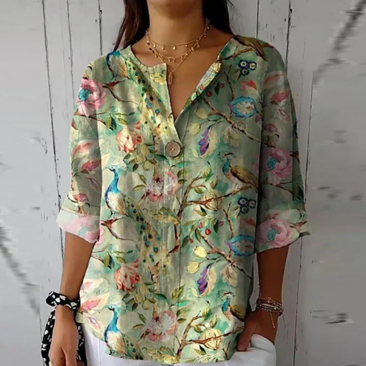 Roxy | Floral Print Blouse with V Neckline and Three Quarter Sleeves