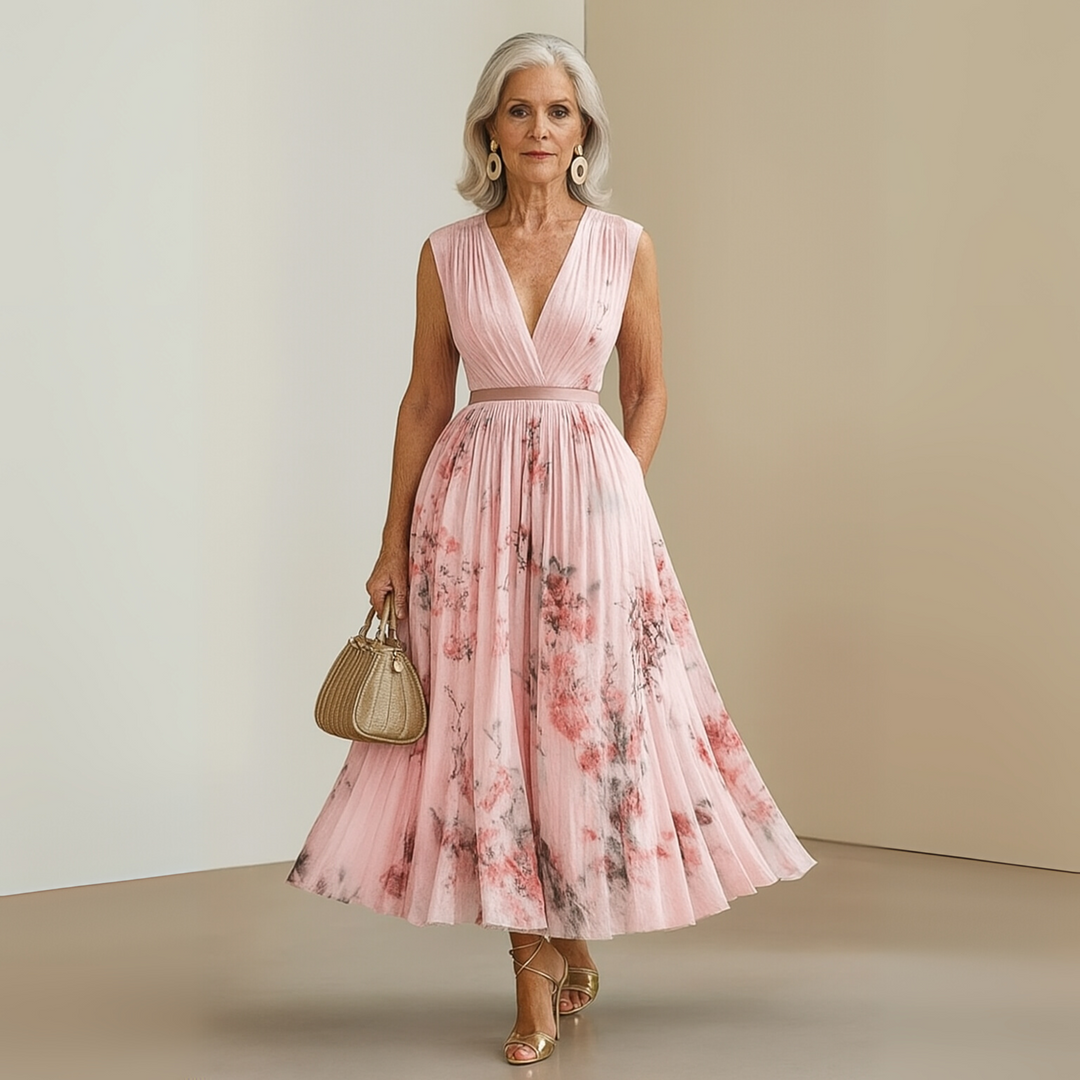 Nora | Maxi Wedding Guest Dress with Floral Print and Pleated Skirt