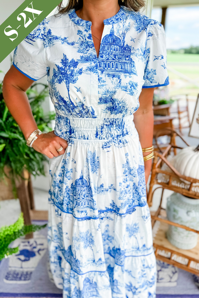 Nova | Midi Shirt Dress with Toile Print and Tiered Skirt