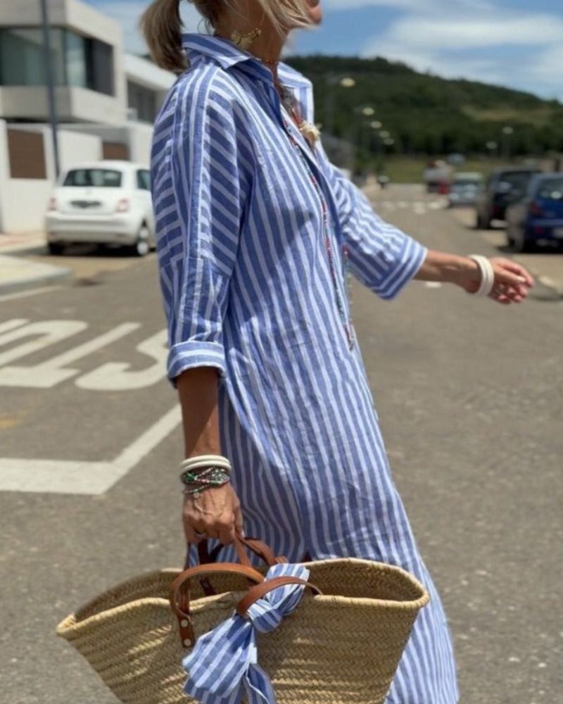 Olivia | Maxi Shirt Dress with Vertical Stripes