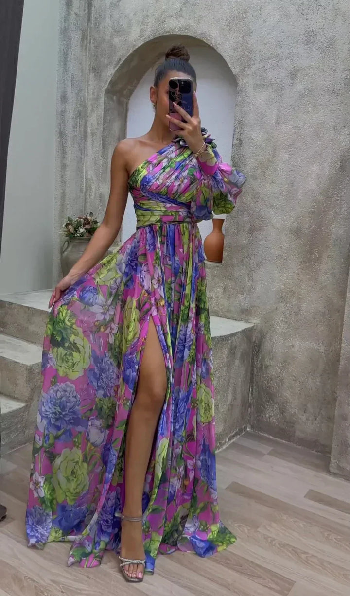 Millie | Maxi Wedding Guest Dress with One Shoulder and Floral Print