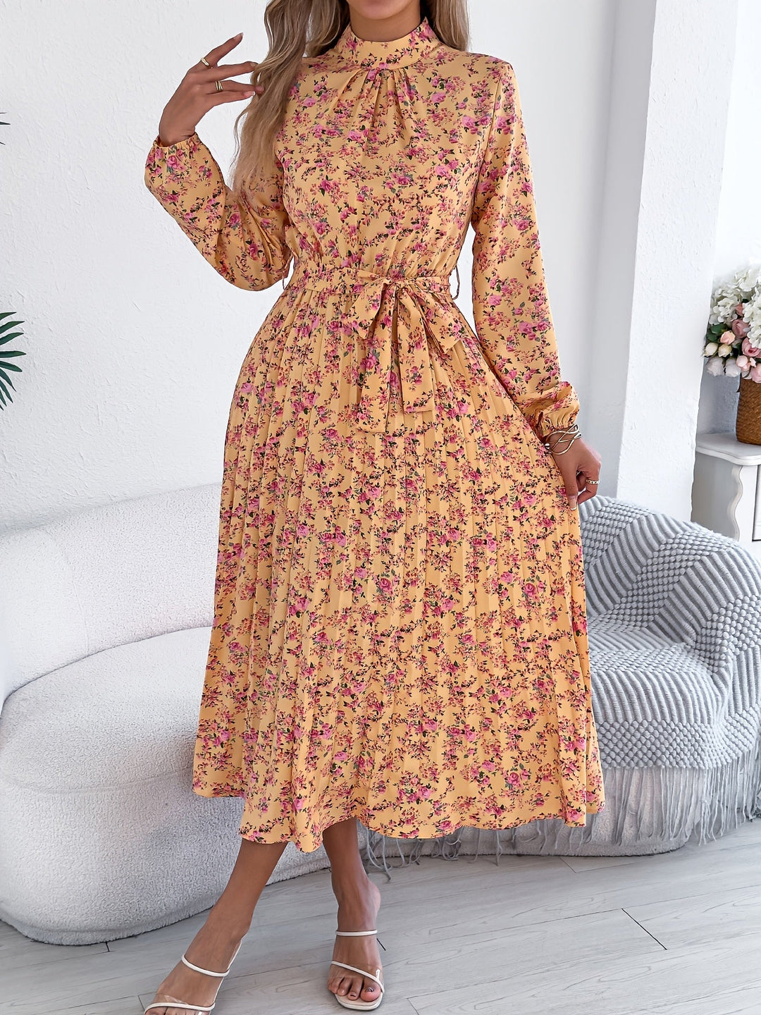 Sky | Midi Wedding Guest Dress with Floral Print and Long Sleeves
