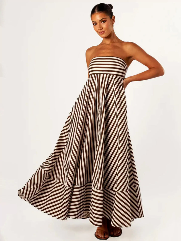 Yasmine | Maxi Summer Dress with Strapless Bodice and Striped Print