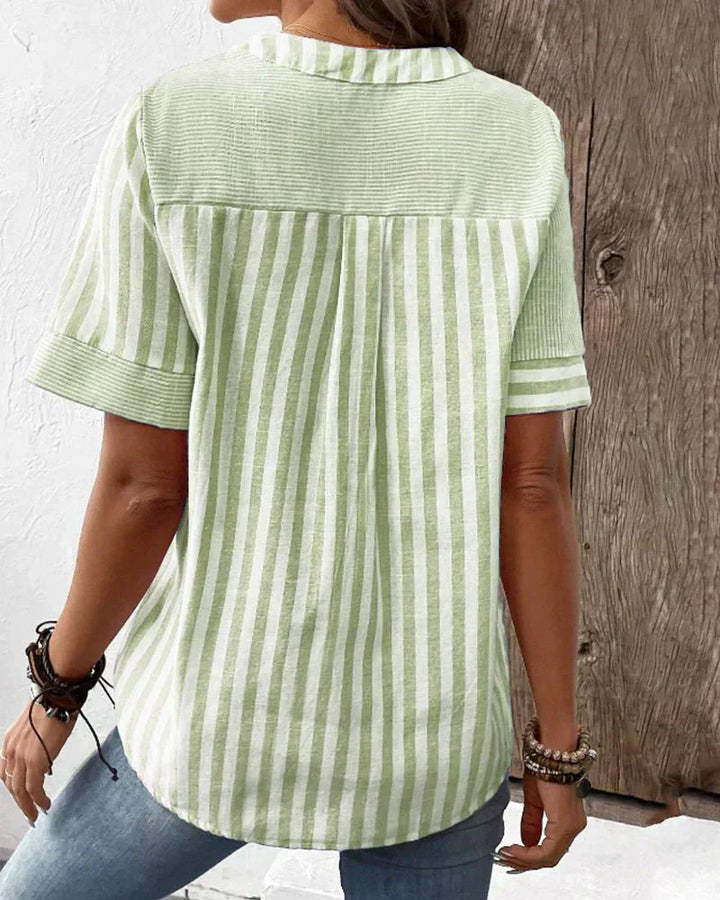 Polly | Striped Top with V Neckline and Button Detail