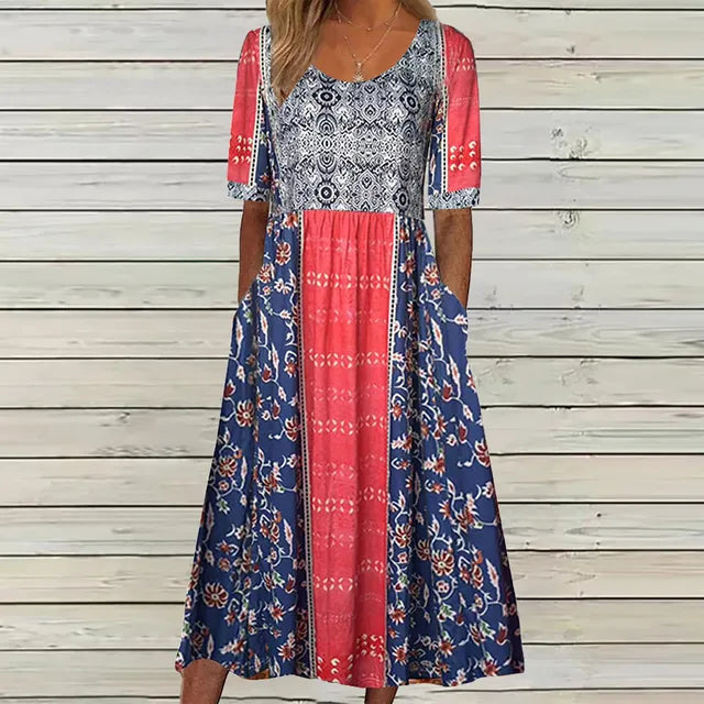 Jessica | Midi Summer Dress with Boho Print and Smocked Bodice