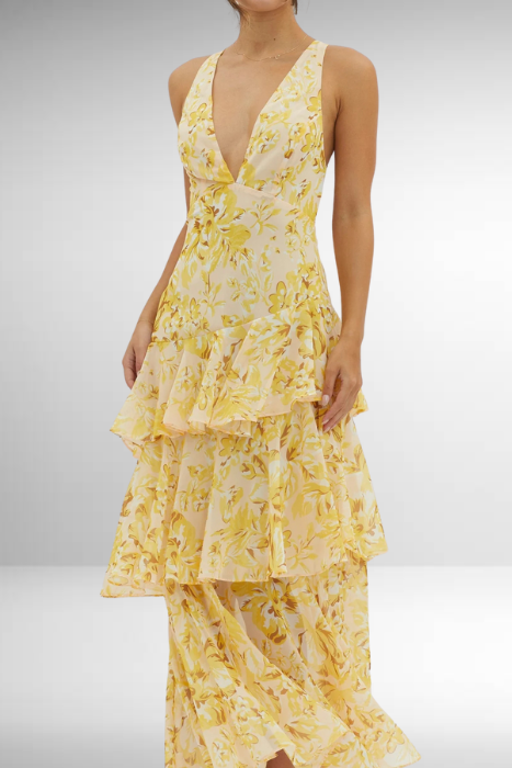 Maria | Maxi Wedding Guest Dress with Floral Print and Tiered Skirt
