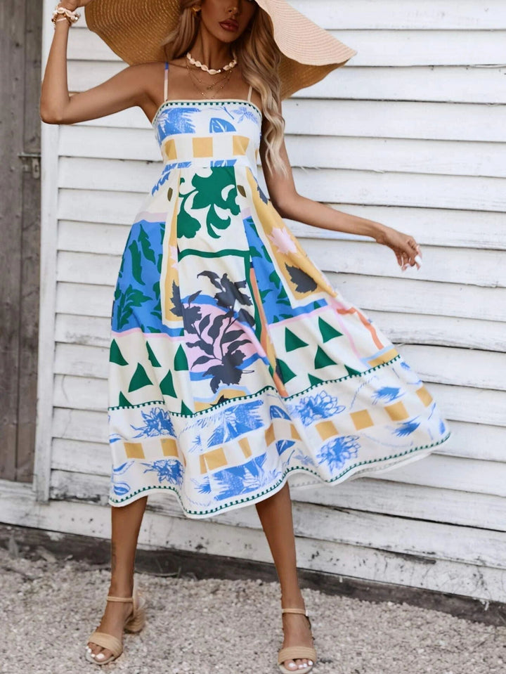 Eve | Midi Summer Dress with Abstract Print and Spaghetti Straps