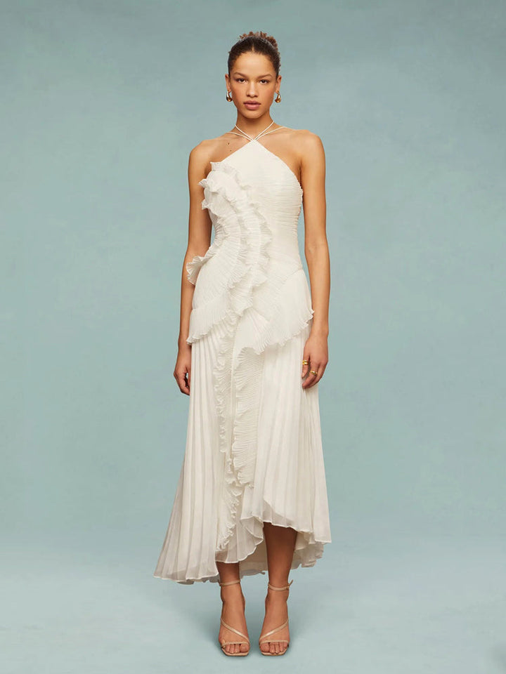 Avery | Maxi Wedding Guest Dress with Halter Neck and Pleated Skirt