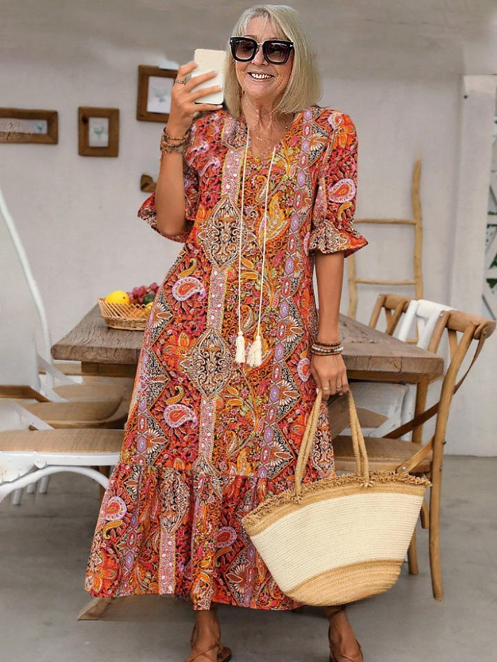 Gene | Midi Summer Dress with Boho Print and Tassel Tie