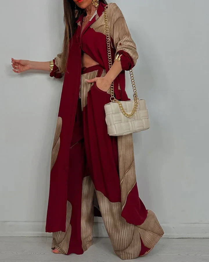 Nala | Abstract Print Two-Piece Set with Wide-Leg Trousers and Open Shirt