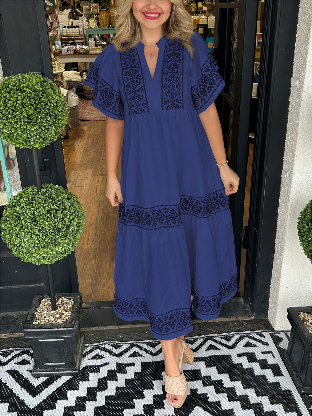 Kylie | Midi Summer Dress with Embroidered Detail and V-Neck