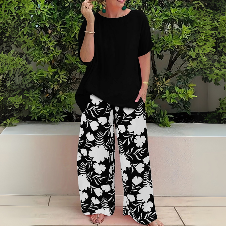 Dina | Matching Set with Floral Print Trousers and Short Sleeve Top