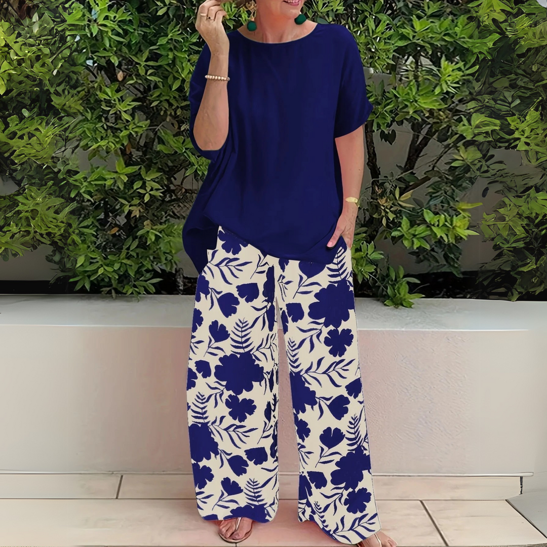 Dina | Matching Set with Floral Print Trousers and Short Sleeve Top