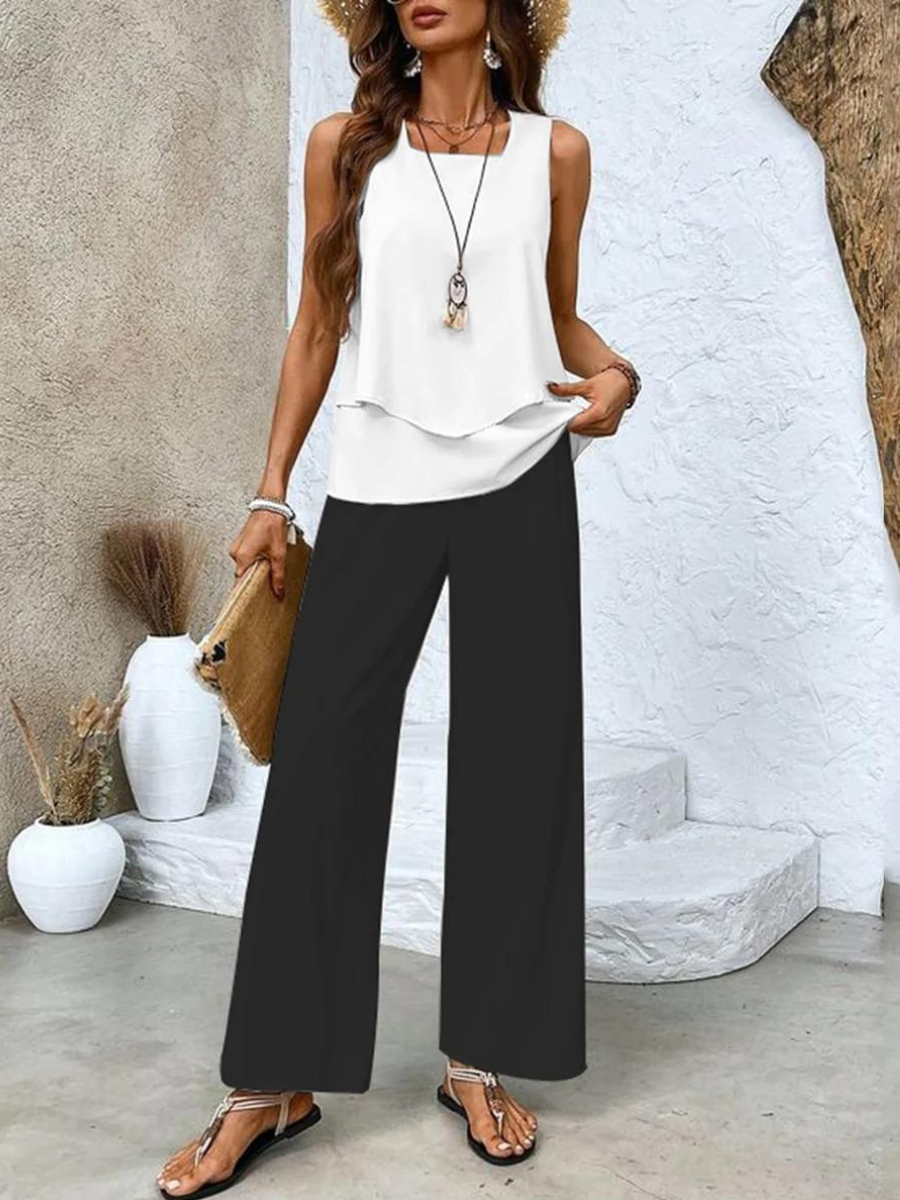 Lena | Two-Piece Wide-Leg Trousers Set with Leaf Print and Layered Top
