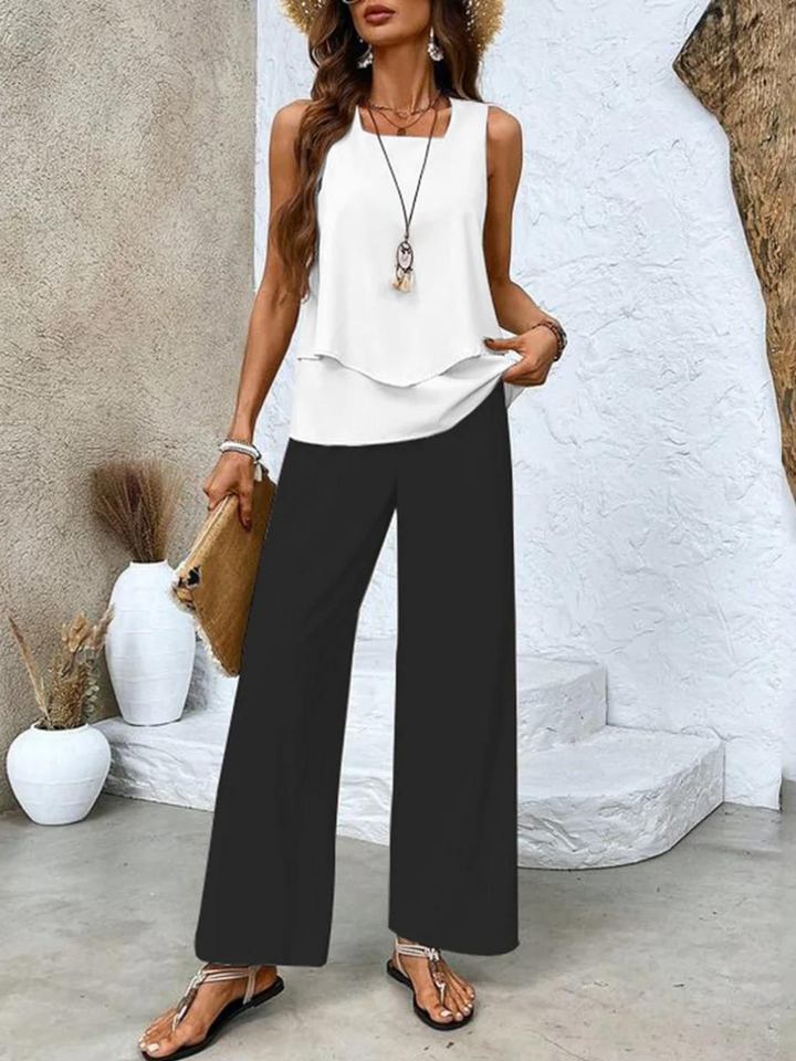 Lena | Two-Piece Wide-Leg Trousers Set with Leaf Print and Layered Top
