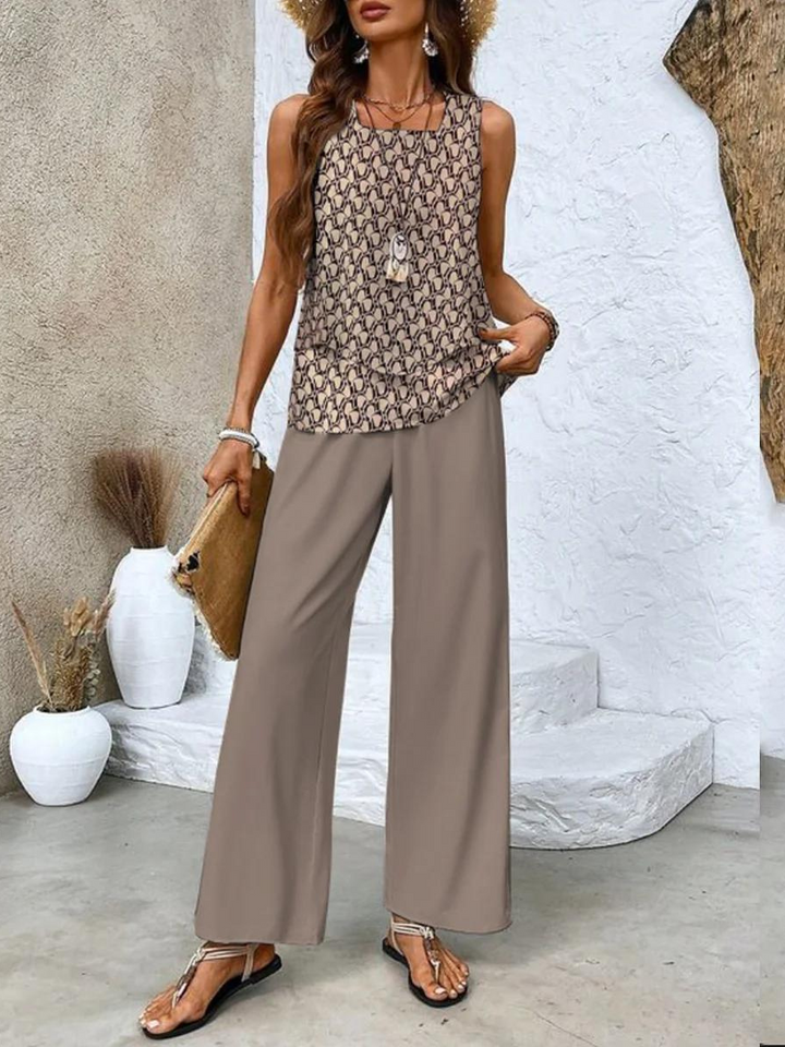 Lena | Two-Piece Wide-Leg Trousers Set with Leaf Print and Layered Top