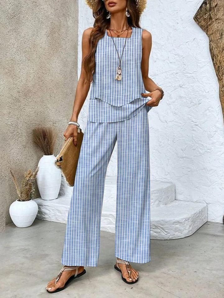 Lena | Two-Piece Wide-Leg Trousers Set with Leaf Print and Layered Top