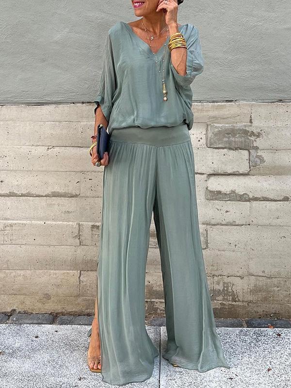 Edith | Two-Piece Set with V-Neck Top and Wide Leg Trousers
