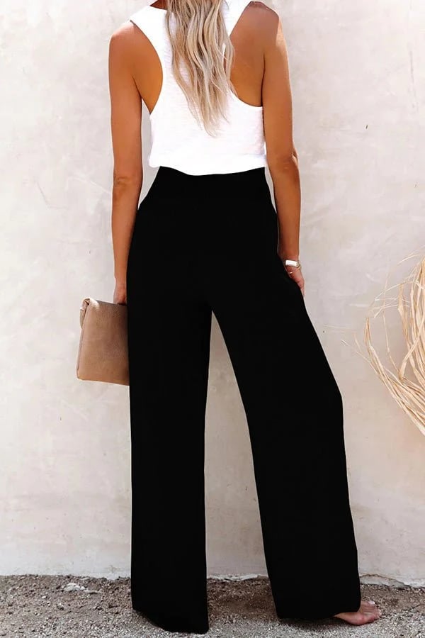 Ivy | Wide Leg Trousers with Smocked Waist and Button Detail