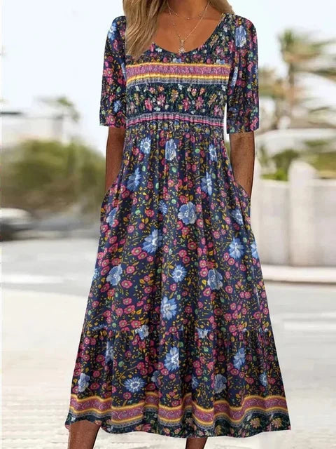 Jessica | Midi Summer Dress with Boho Print and Smocked Bodice