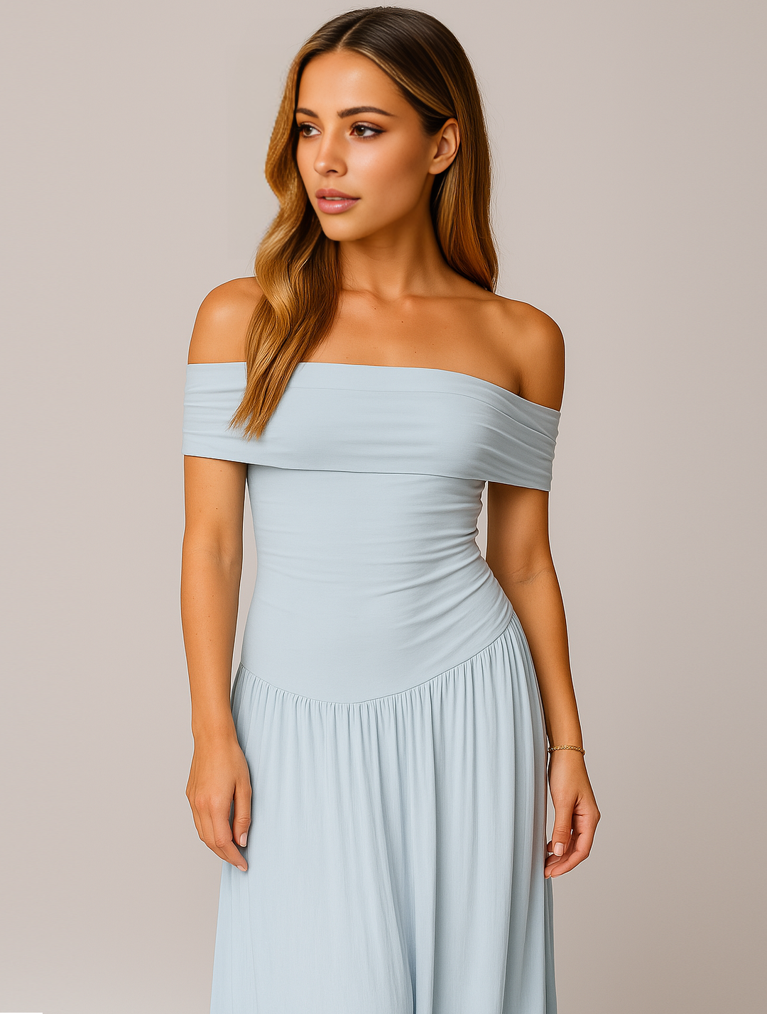 Bella | Maxi Wedding Guest Dress with Off Shoulder and Pleated Skirt