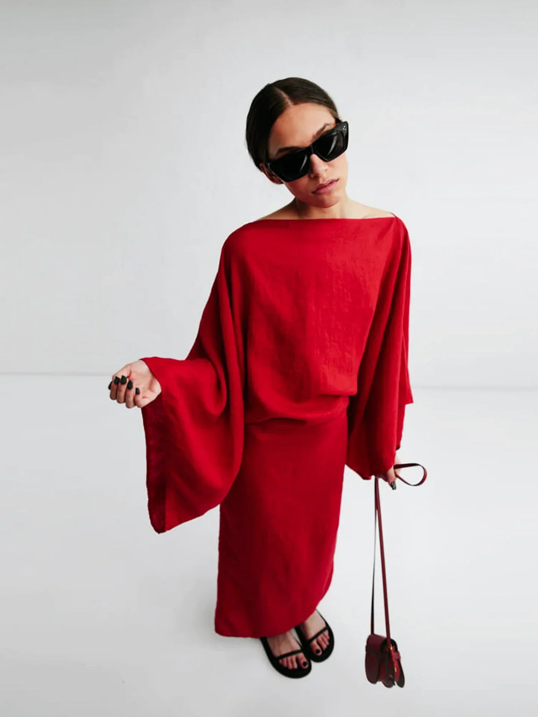Gianna | Midi Cocktail Dress with Kimono Sleeves and Belted Waist