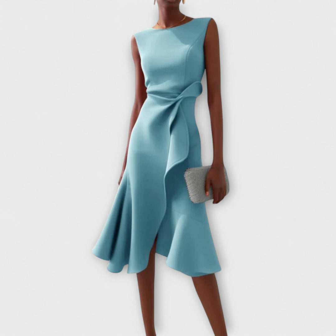 Sheila | Midi Cocktail Dress with Asymmetric Hem and Draped Bodice